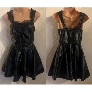 Black Pleather Lace Trim Dress